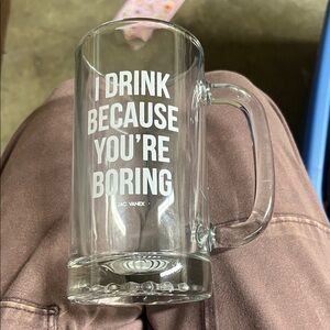 Jac Vanek Transparent Glass Mug with Bold White Text